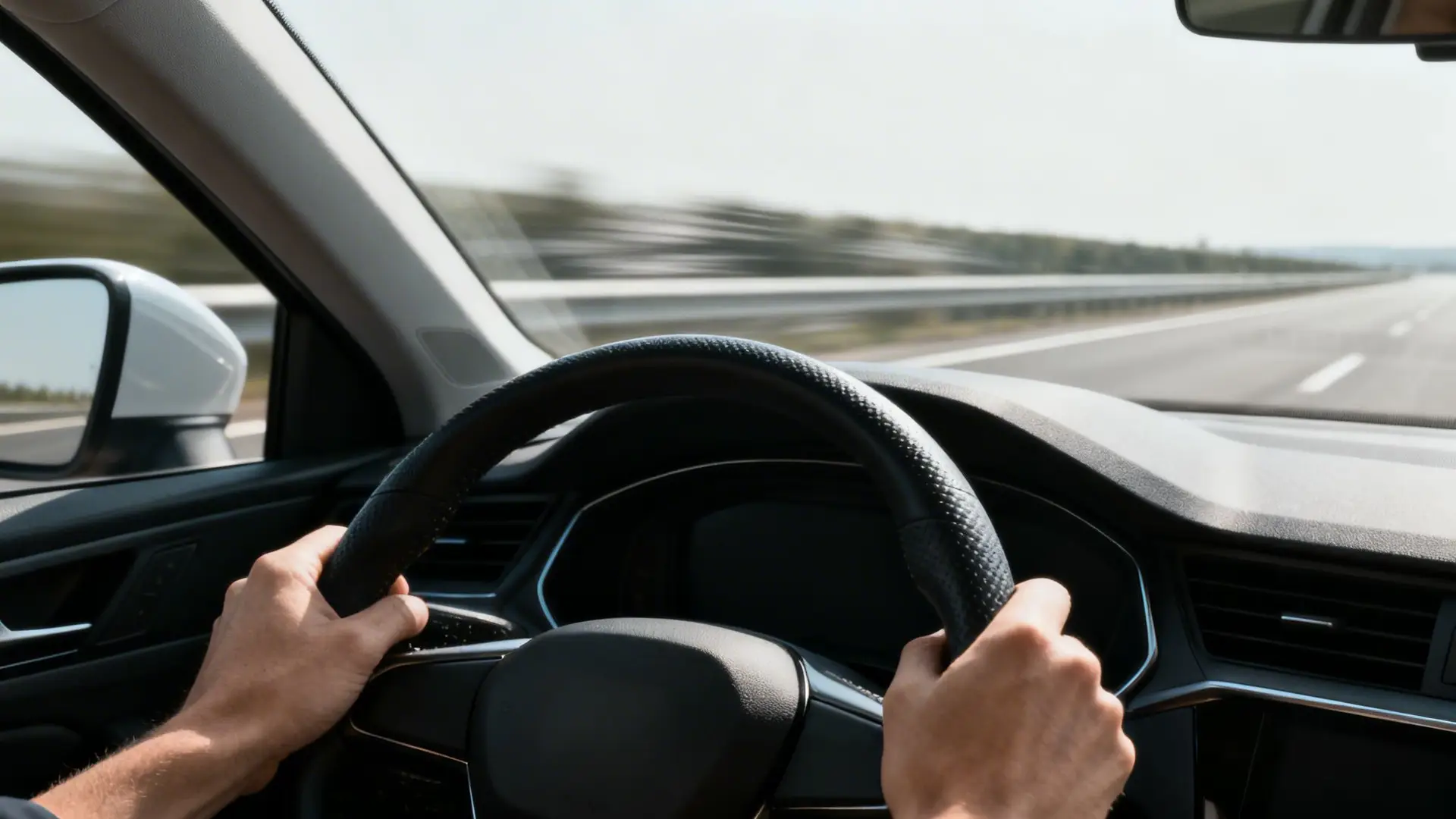 Driver's perspective view of hands on the steering wheel while driving a car on a highway.
