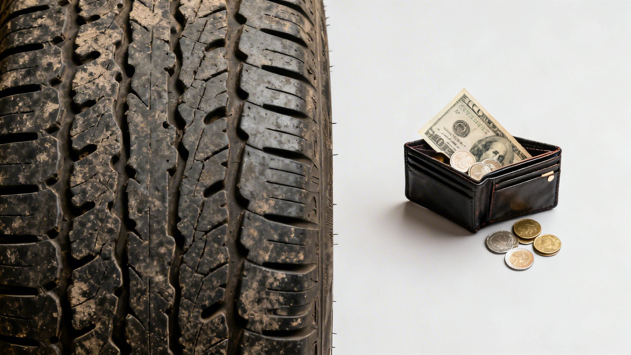 A dirty tire on the left, and a wallet with cash and coins on the right, symbolizing tire costs.