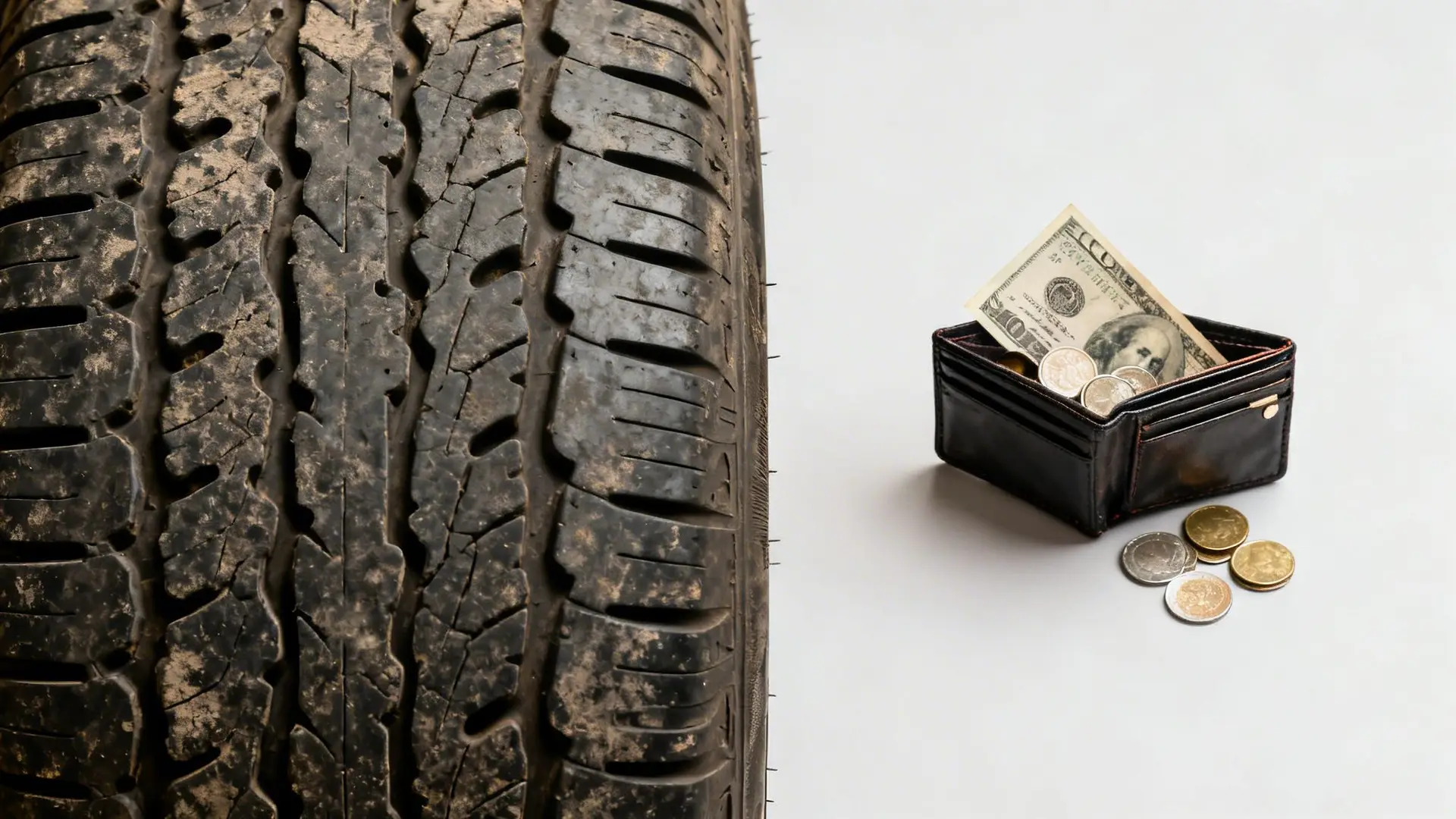A dirty tire on the left, and a wallet with cash and coins on the right, symbolizing tire costs.