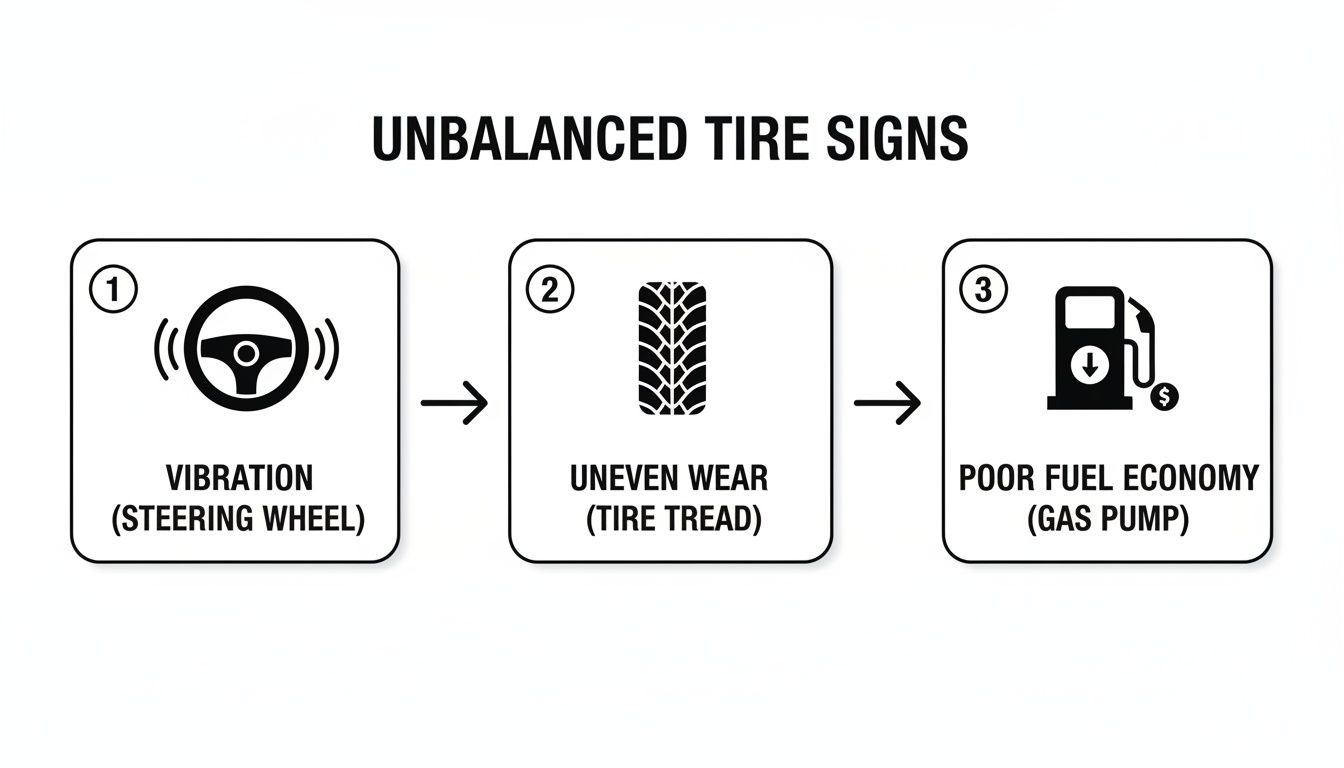 Three signs of unbalanced tires: steering wheel vibration, uneven tread wear, and poor fuel economy.