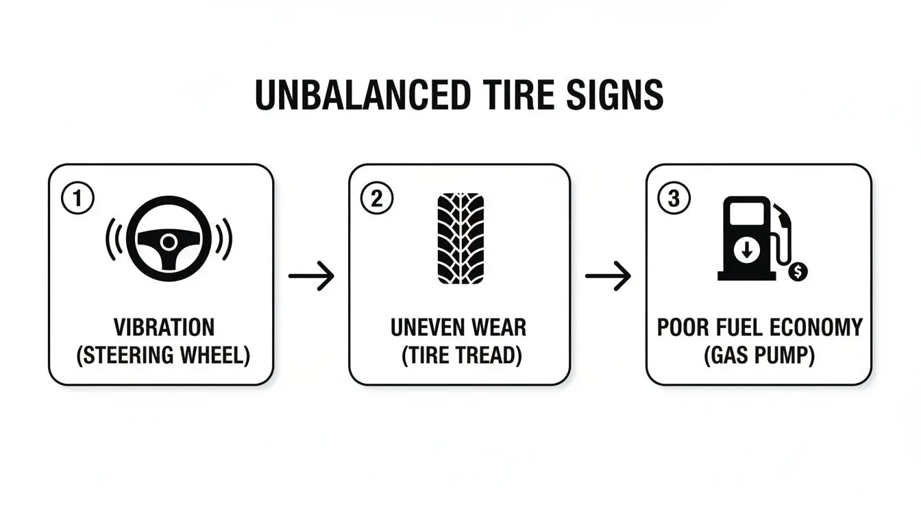 Three signs of unbalanced tires: steering wheel vibration, uneven tread wear, and poor fuel economy.