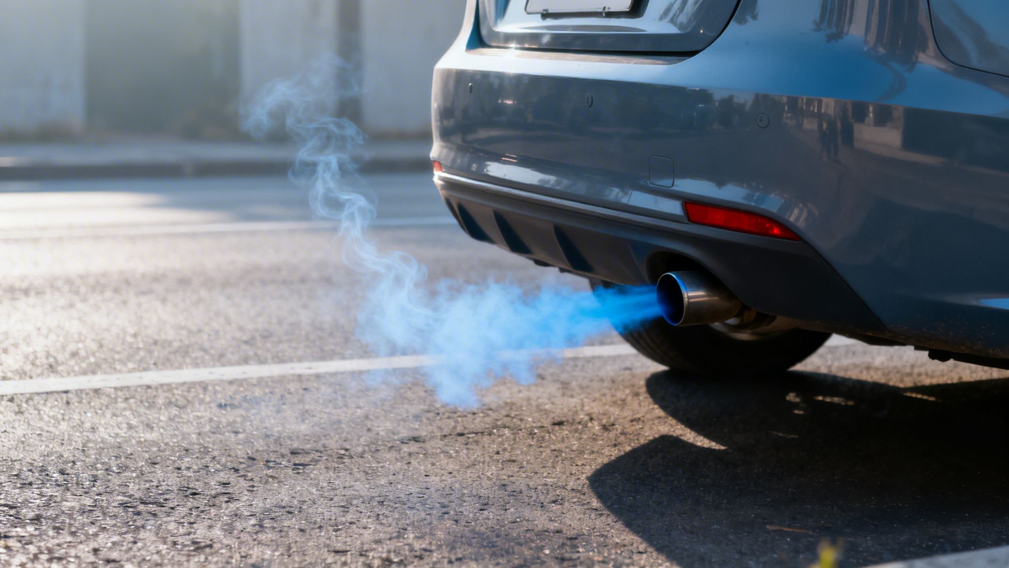 Blue smoke billows from the exhaust pipe of a grey car on an asphalt road, indicating potential engine issues.