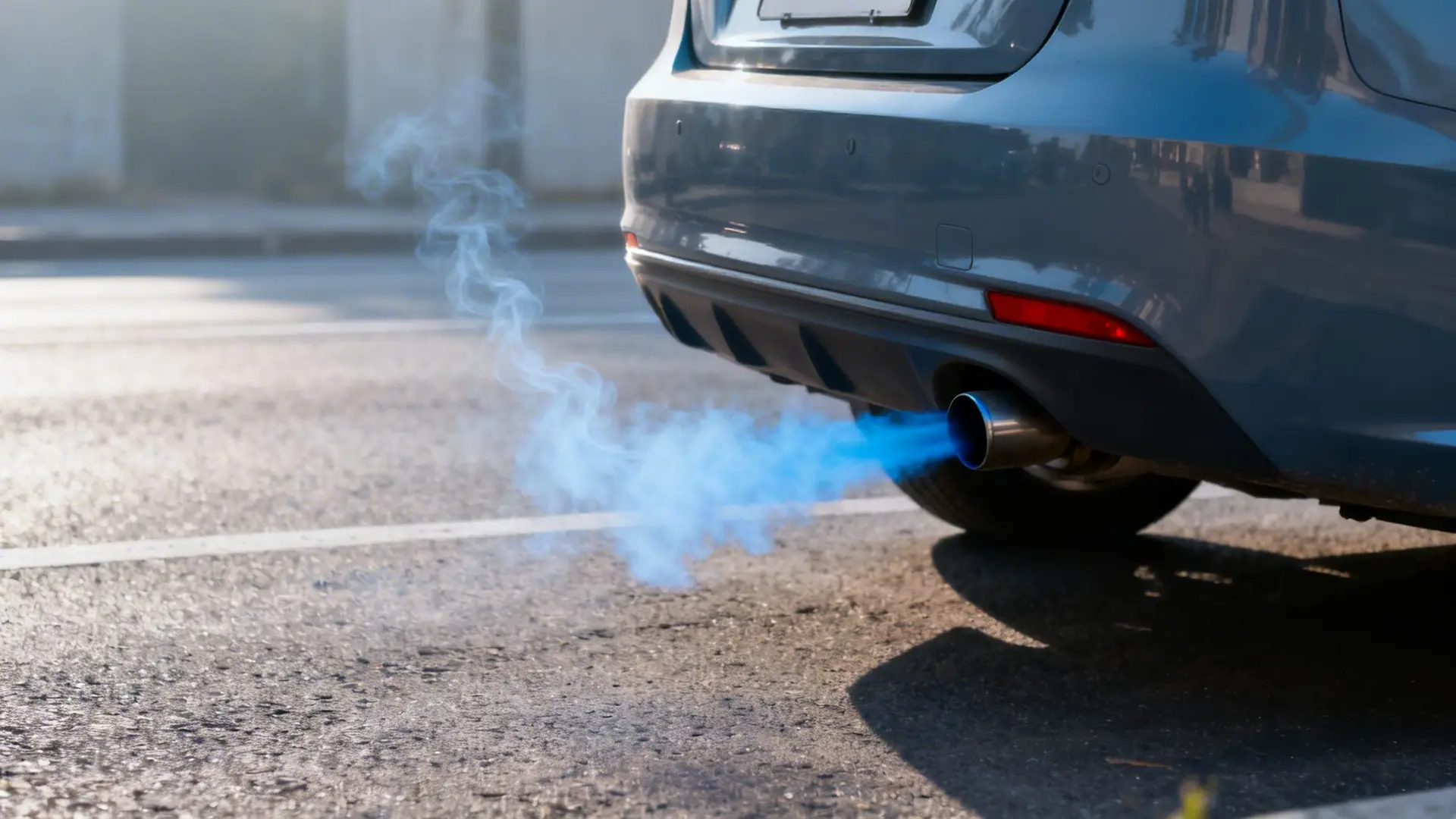 Blue smoke billows from the exhaust pipe of a grey car on an asphalt road, indicating potential engine issues.