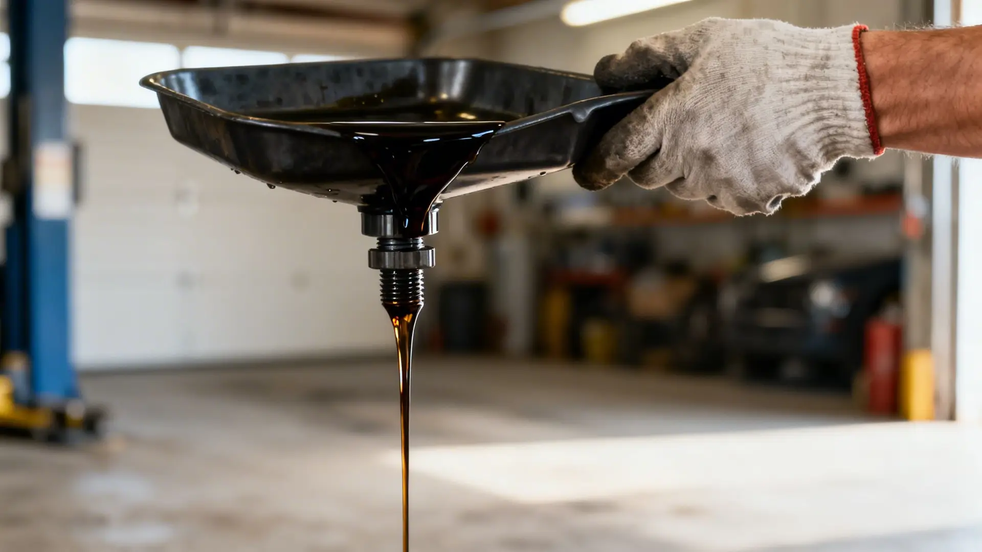 A gloved hand holds a pan, draining dark used engine oil in an auto repair shop.