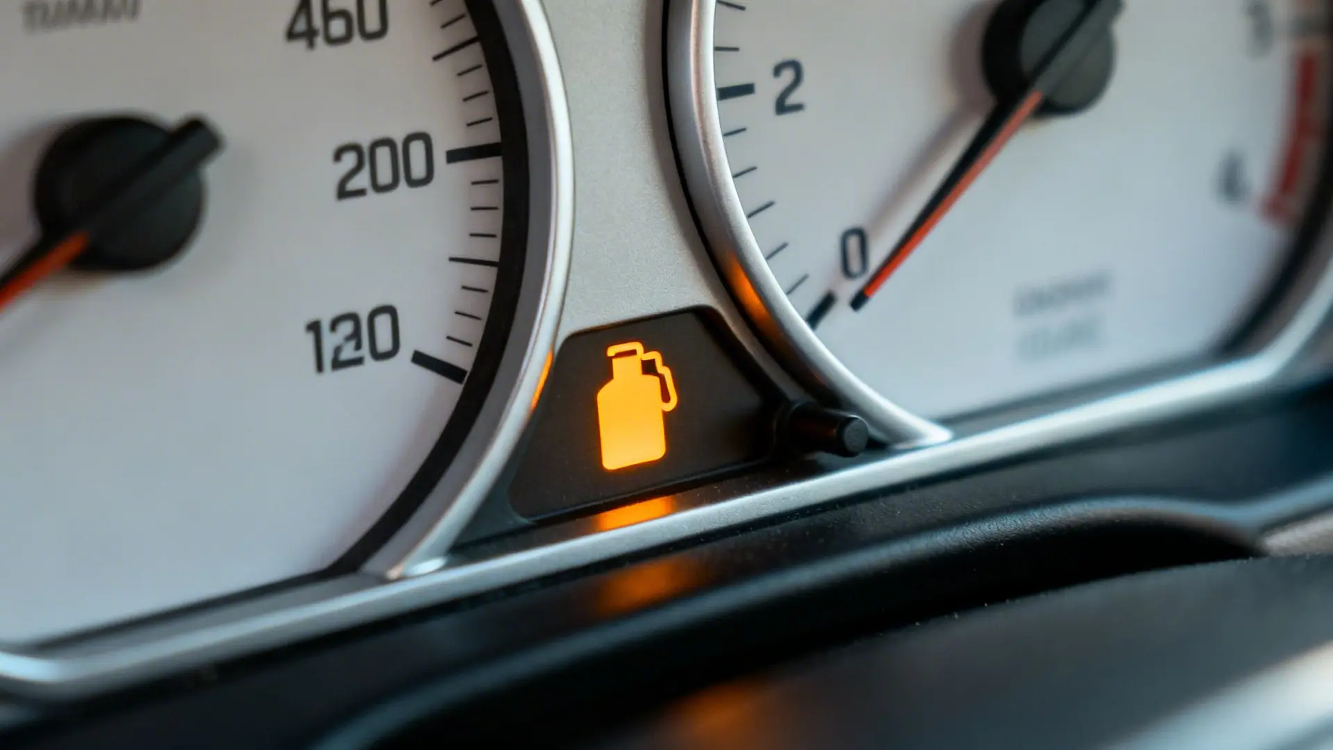 A car dashboard displays an orange engine oil warning light, indicating low fluid.