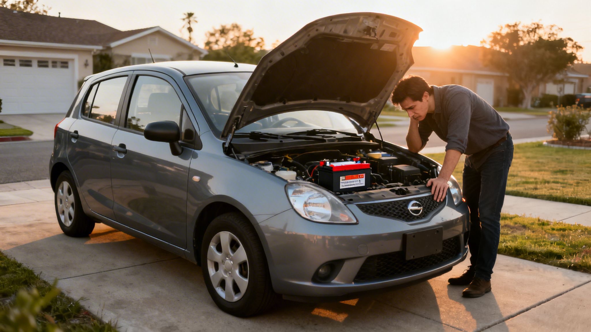 A man inspects his car engine with the hood open, revealing a new car battery.