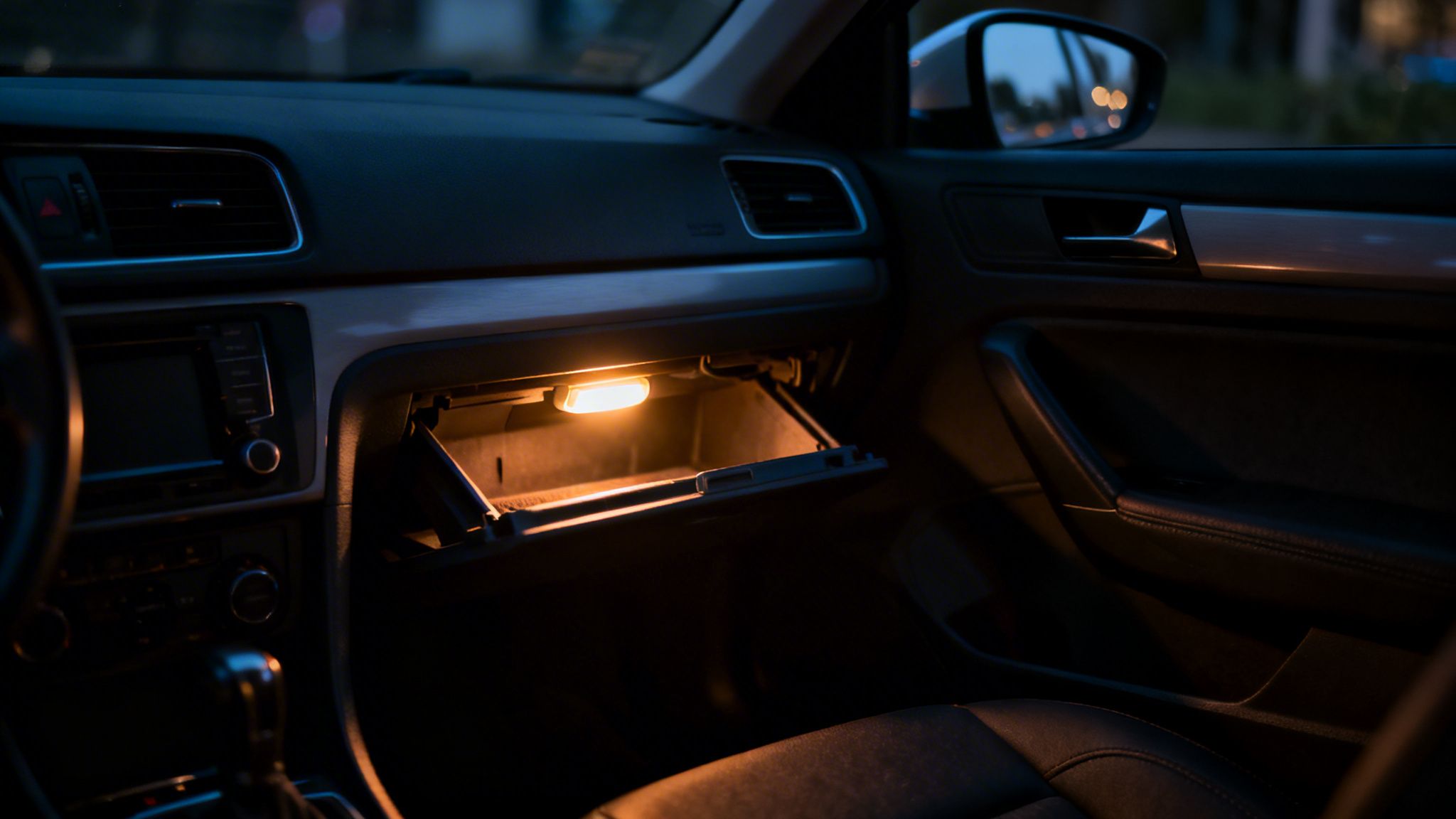 An open, illuminated car glove compartment at night, with dashboard and passenger door visible.
