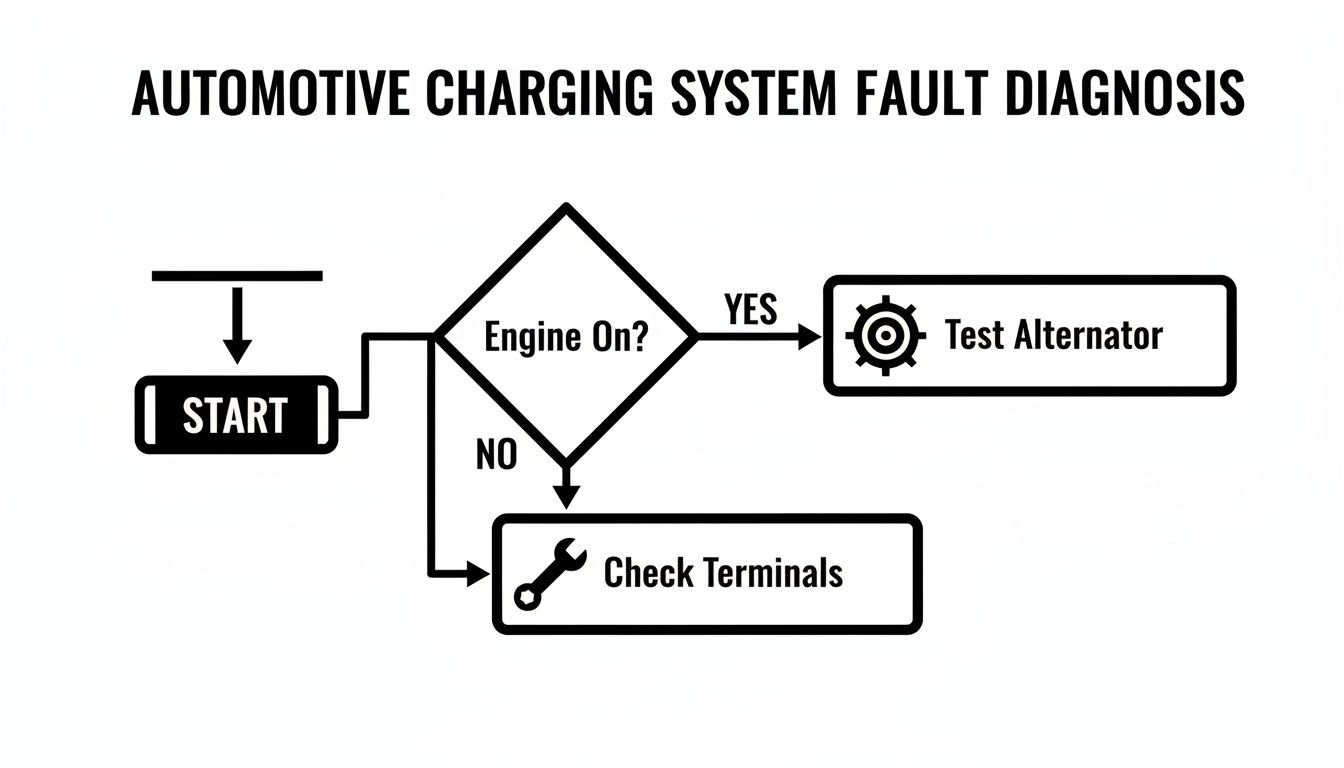 A simple flowchart detailing steps for diagnosing an automotive charging system fault.