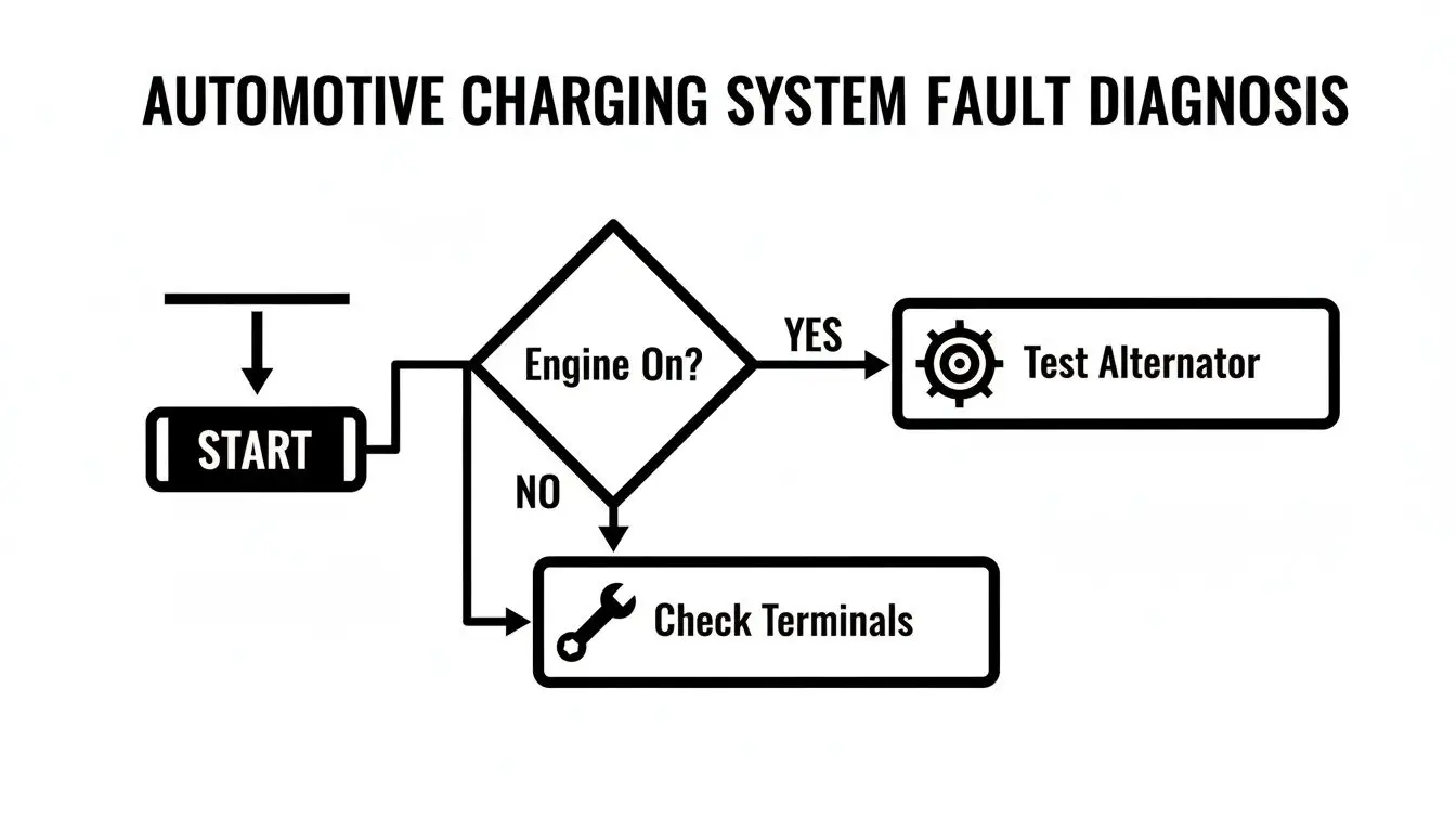 A simple flowchart detailing steps for diagnosing an automotive charging system fault.