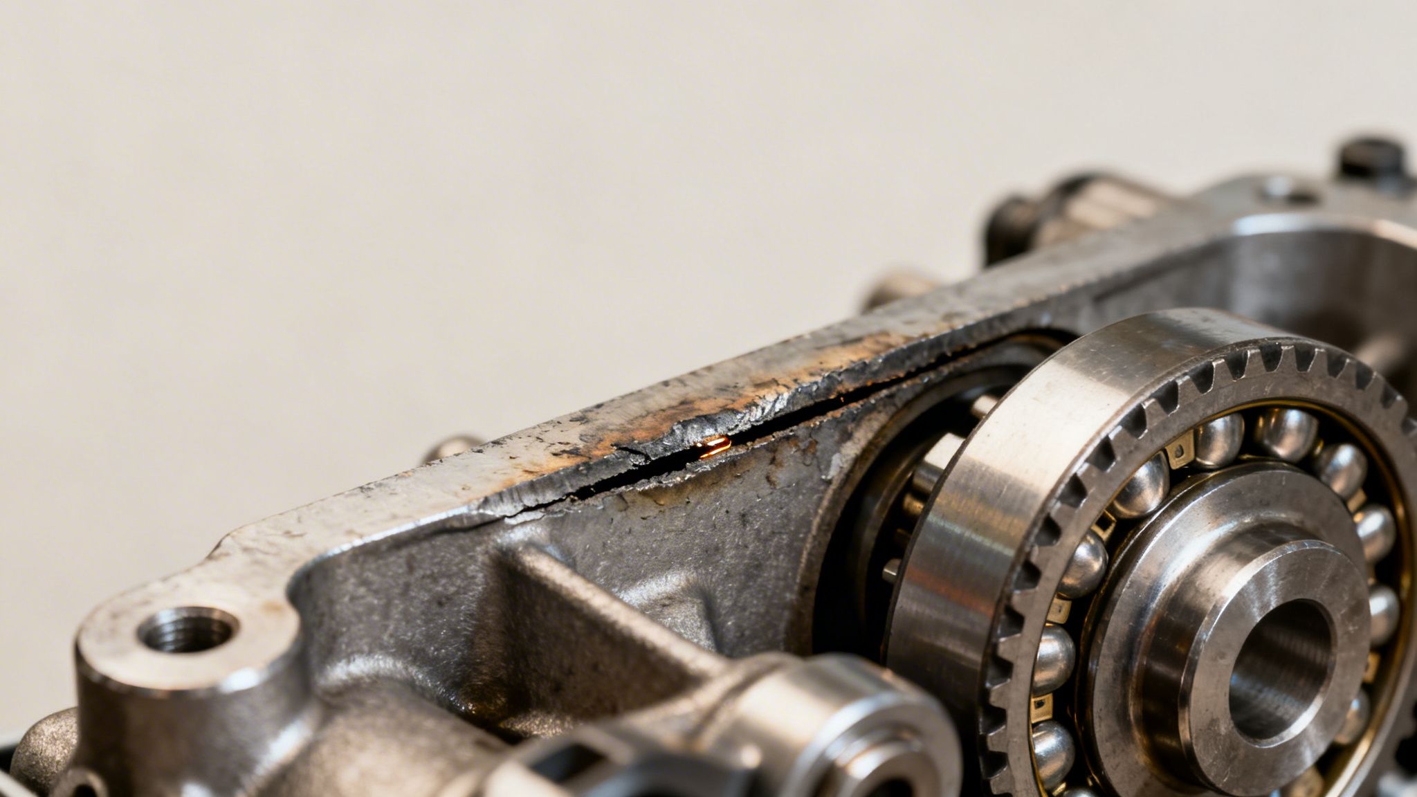 A detailed view of a fractured metal engine component with a glowing crack and a visible ball bearing.