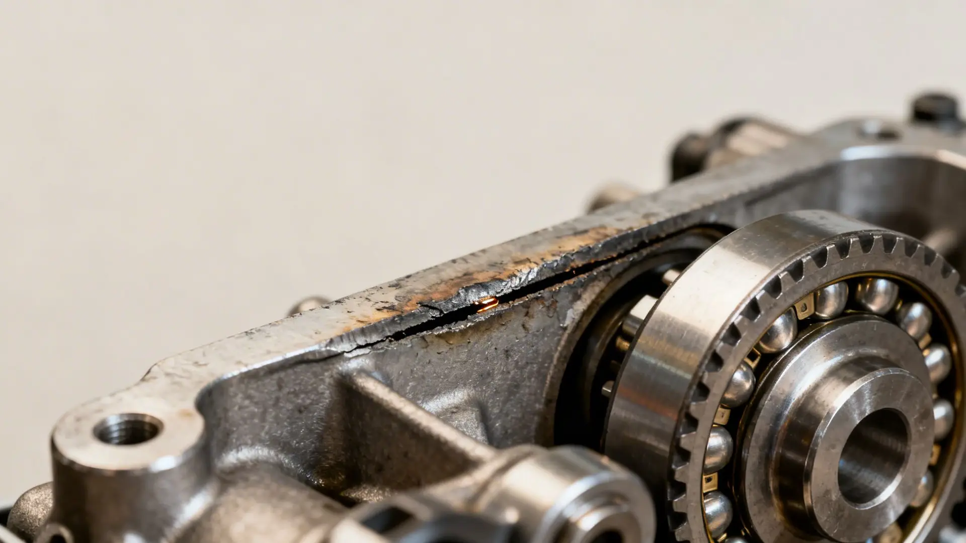 A detailed view of a fractured metal engine component with a glowing crack and a visible ball bearing.