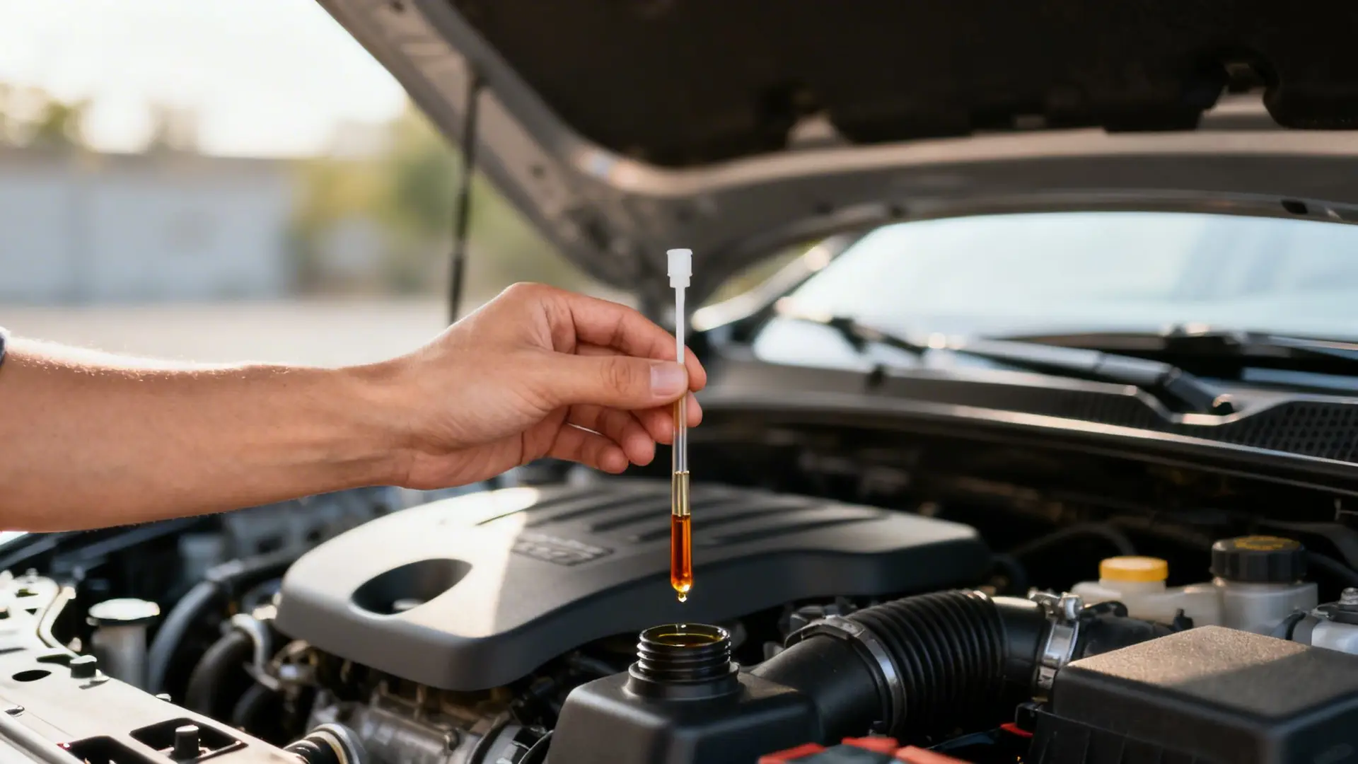 A hand holds a test tube, showing a drop of engine oil falling into the car's engine.