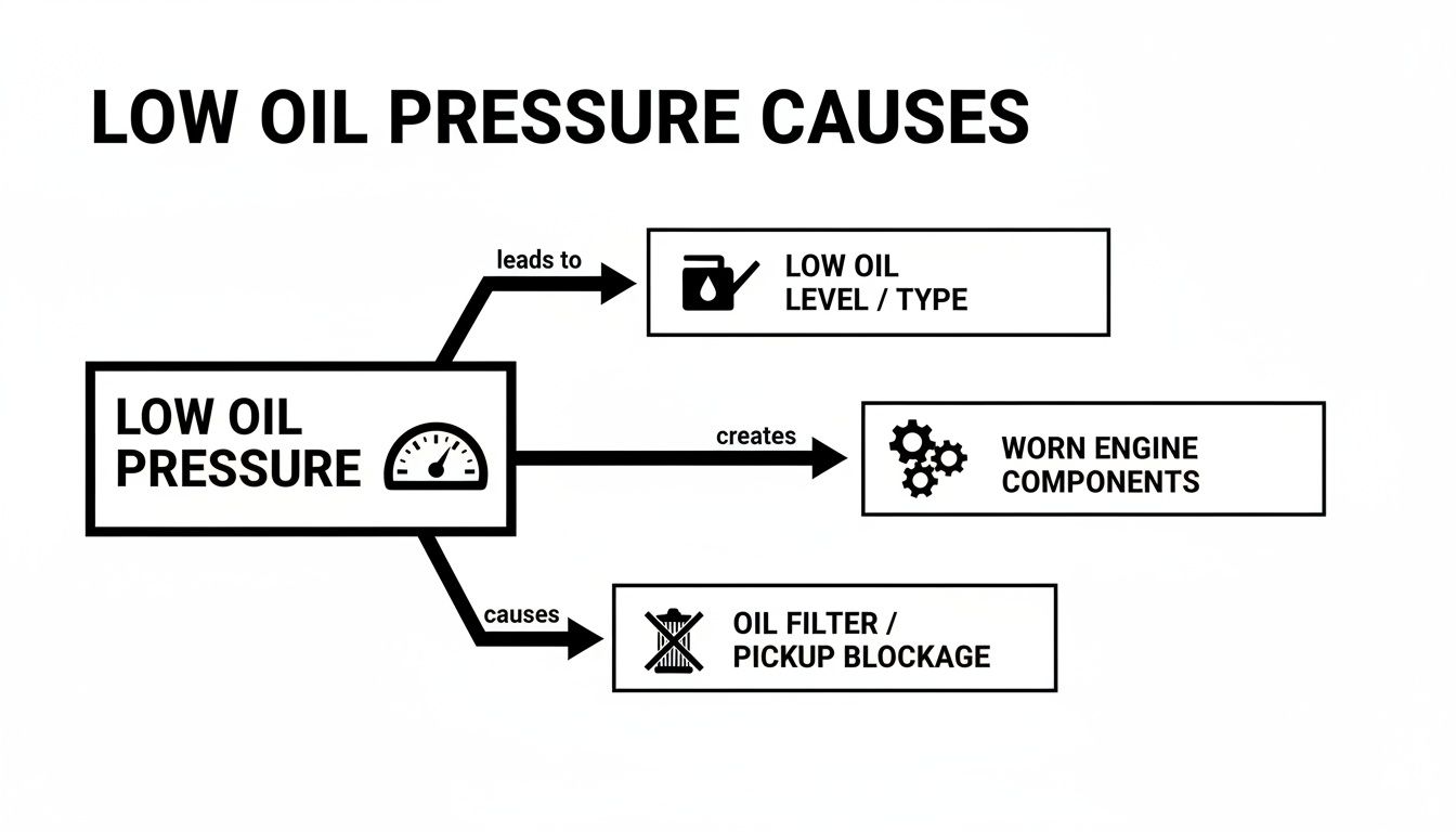Flowchart showing various reasons for low engine oil pressure, including low level, worn components, and blockages.