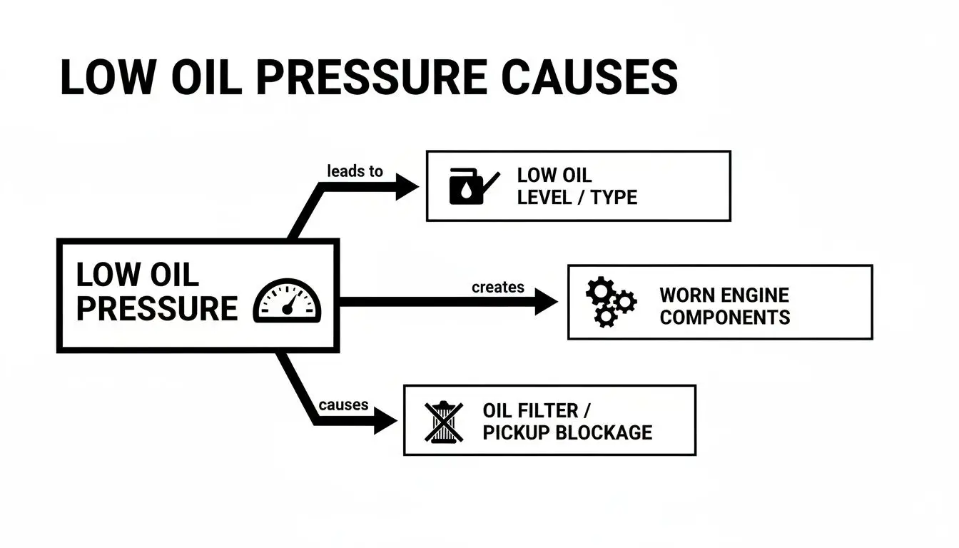 Flowchart showing various reasons for low engine oil pressure, including low level, worn components, and blockages.