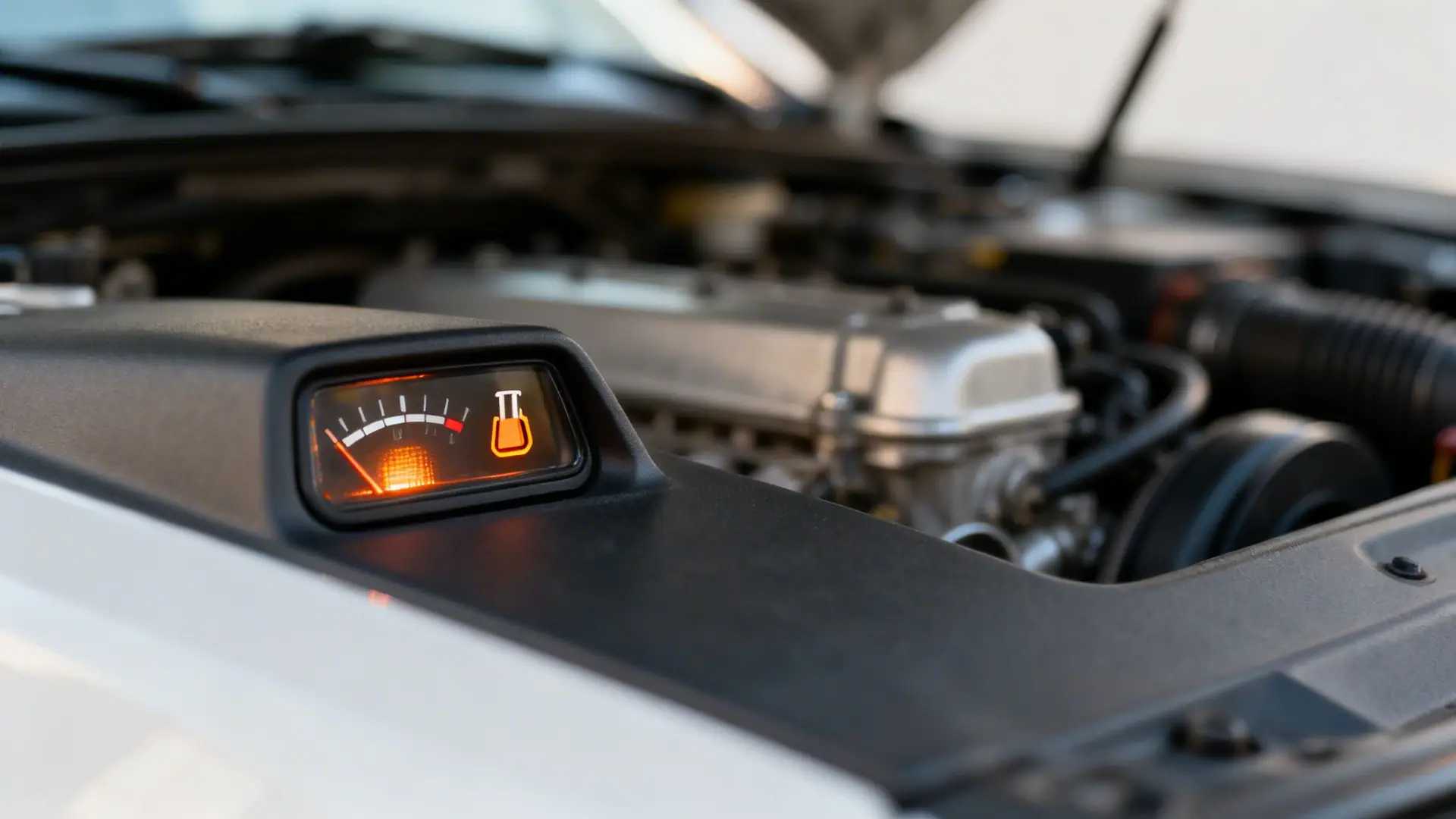 Close-up of a car engine bay showing an illuminated low oil level warning light.