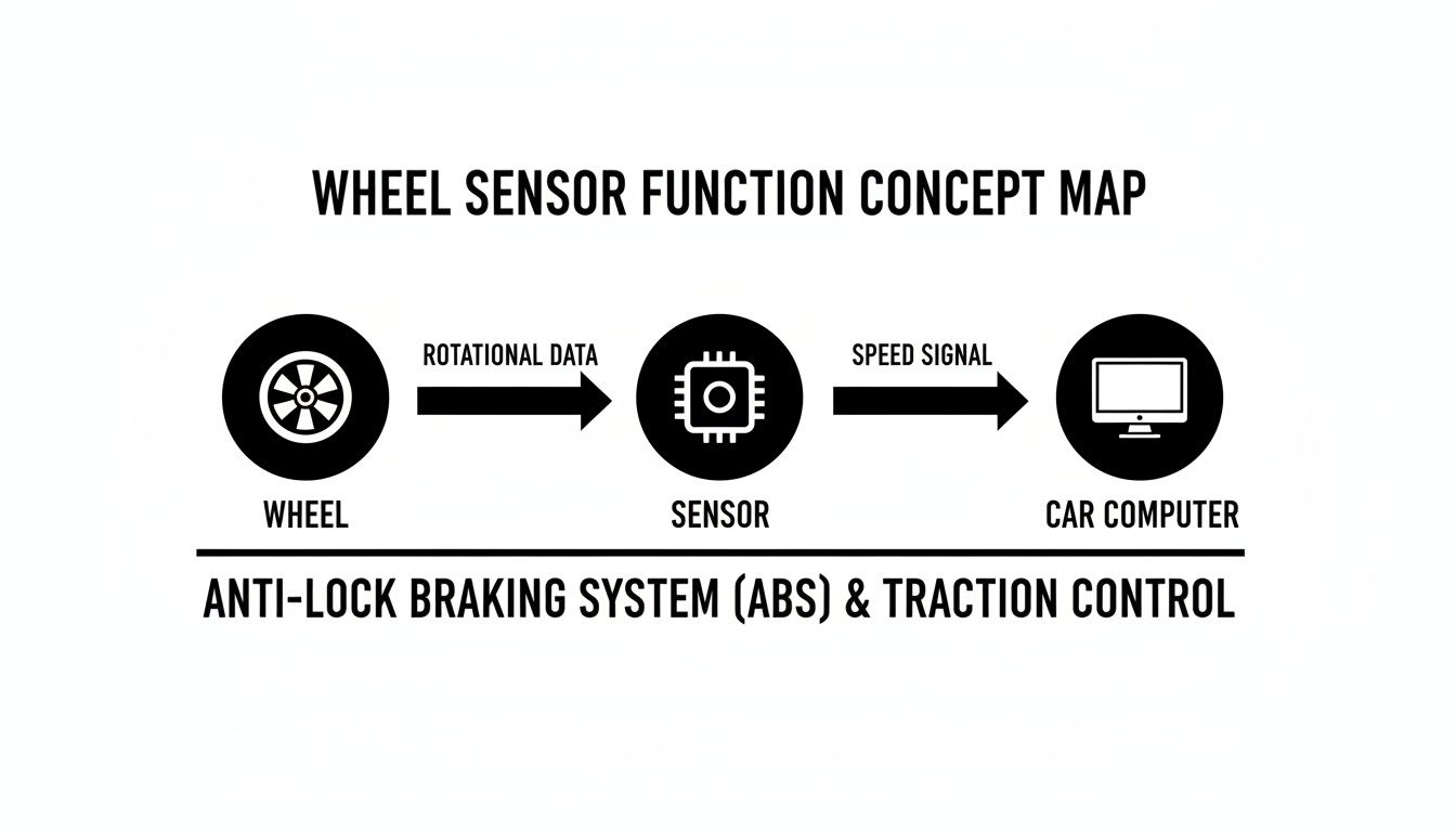 Concept map detailing wheel sensor function, data flow to car computer for ABS and traction control systems.