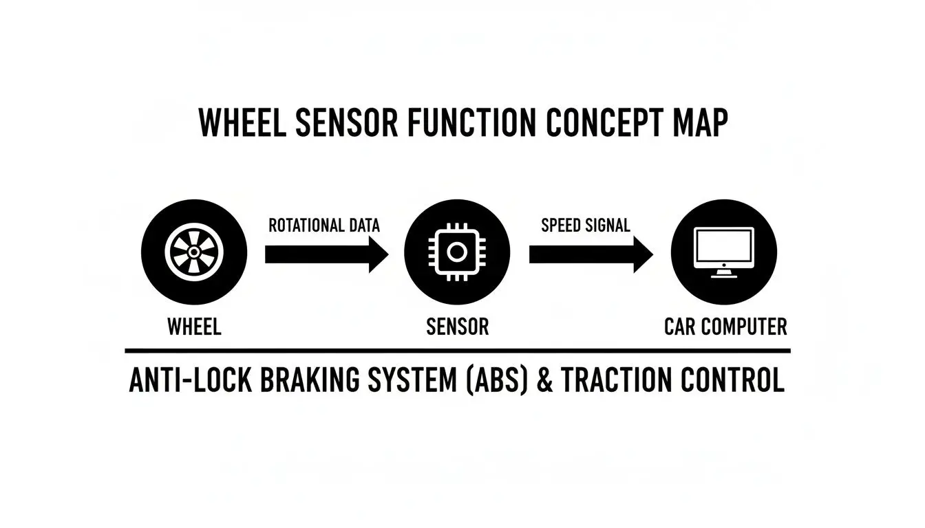 Concept map detailing wheel sensor function, data flow to car computer for ABS and traction control systems.