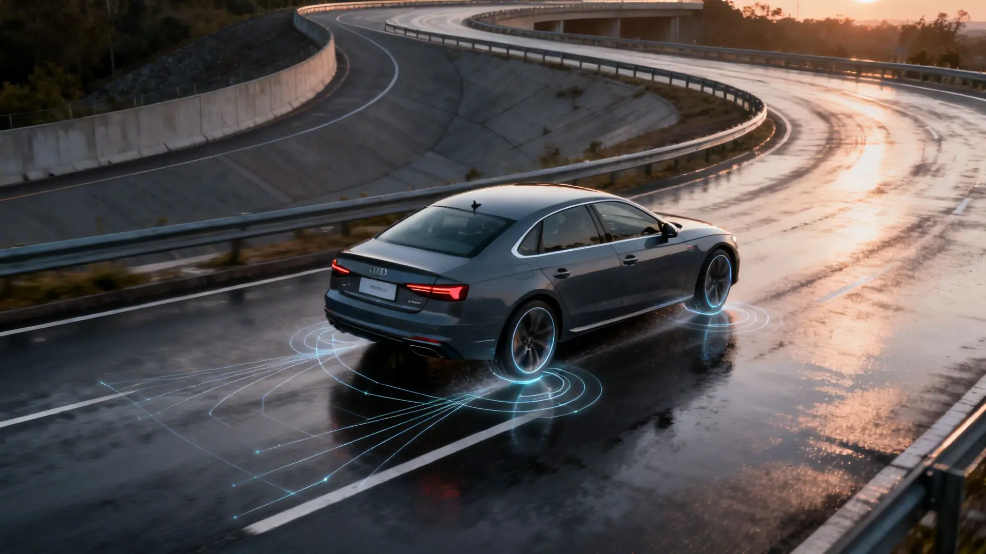 Advanced Audi A5 car driving on a wet, curvy highway with glowing digital wheel sensor effects.