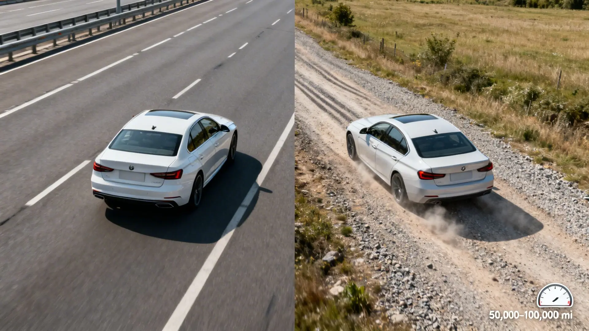 White sedan on a smooth highway and a dusty gravel road, illustrating car wear after 50,000-100,000 miles.