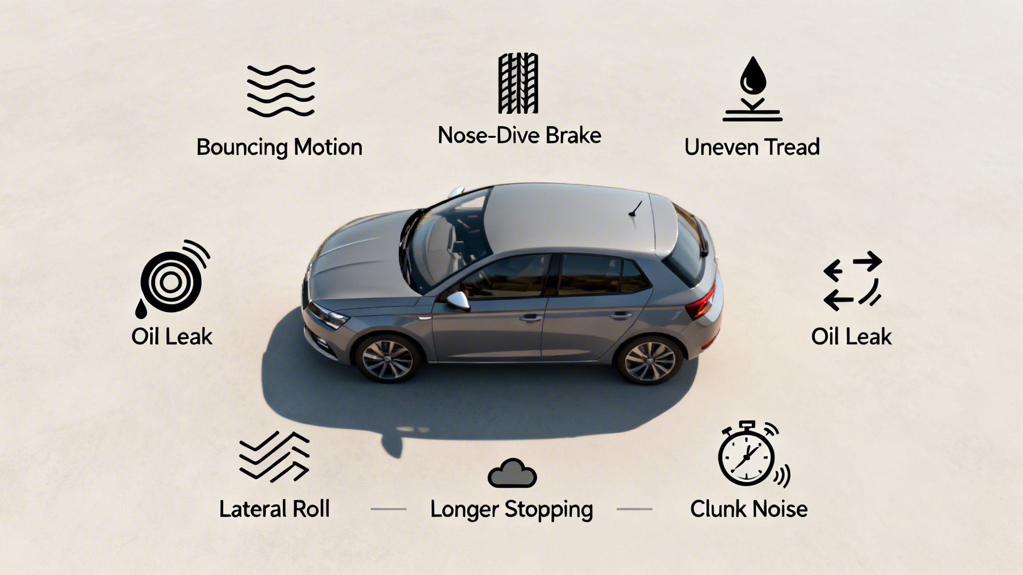 Overhead view of a silver car surrounded by icons and text indicating various car problems like oil leaks, bouncing motion, and clunk noise.