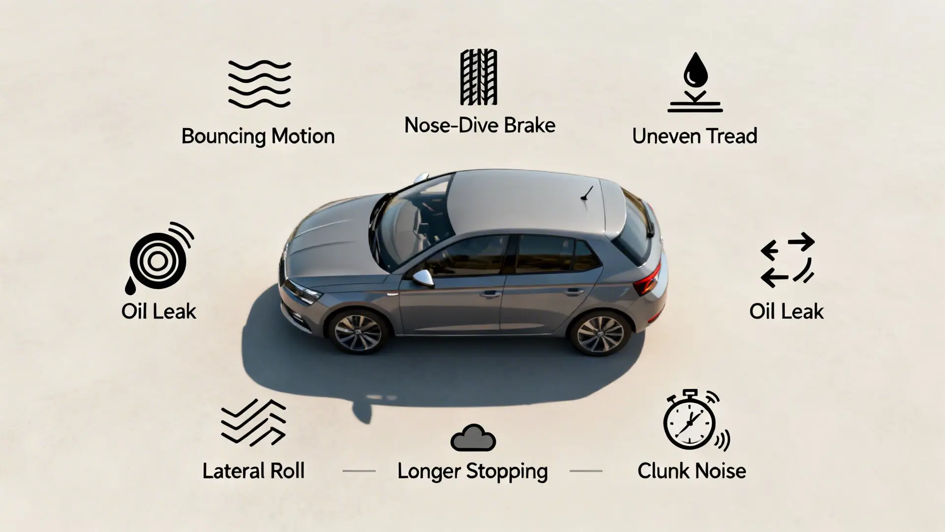 Overhead view of a silver car surrounded by icons and text indicating various car problems like oil leaks, bouncing motion, and clunk noise.
