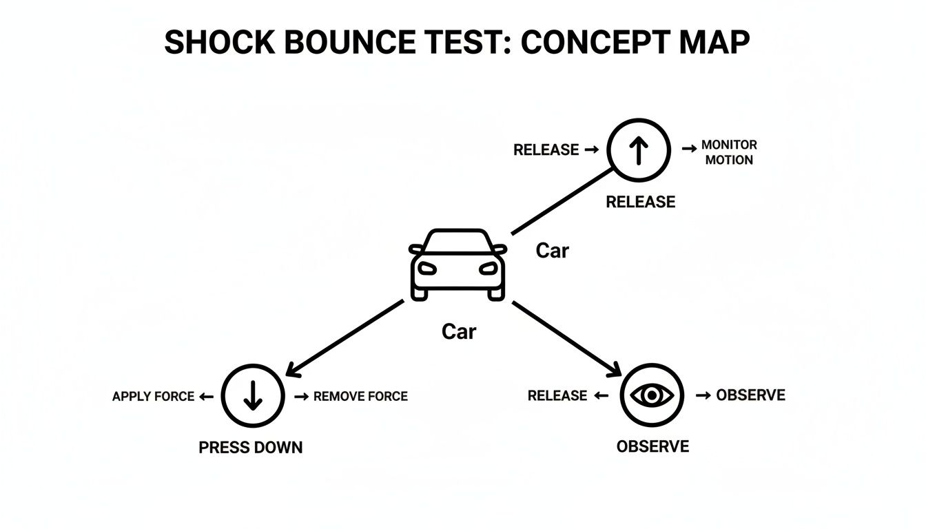 Concept map illustrating a shock bounce test for a car, showing steps to apply force, release, monitor motion, and observe.
