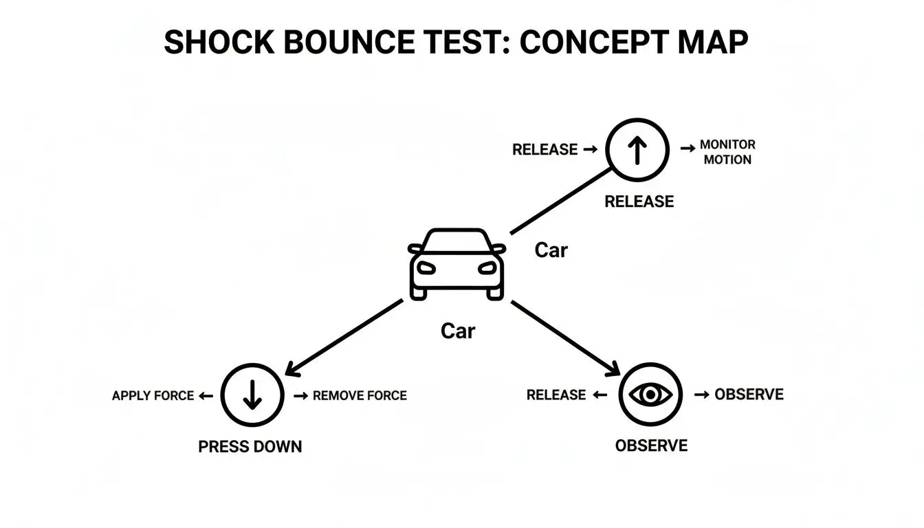 Concept map illustrating a shock bounce test for a car, showing steps to apply force, release, monitor motion, and observe.