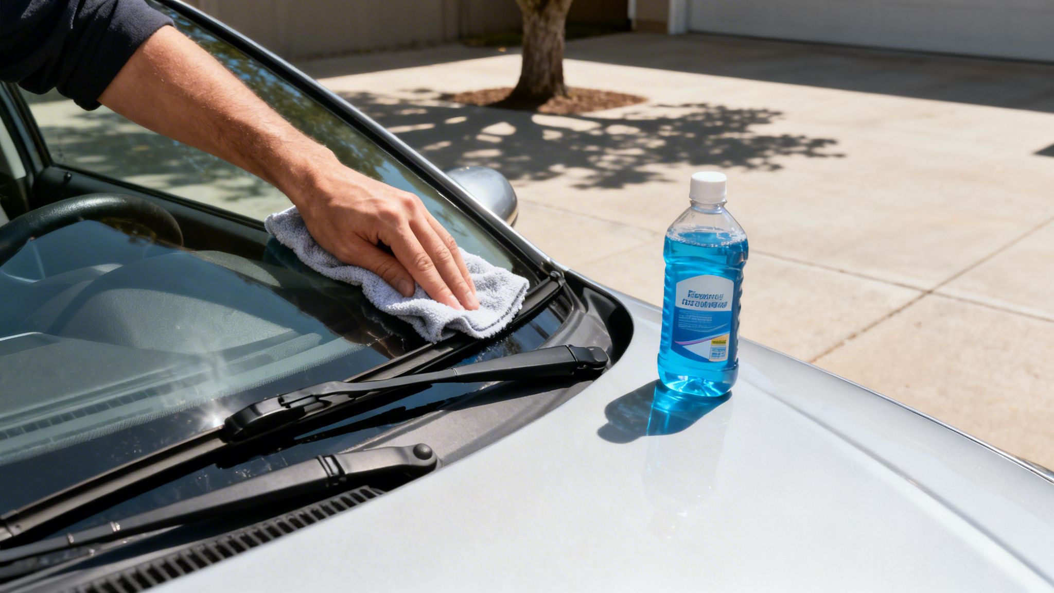 A person's hand wiping a car windshield with a microfiber cloth, next to a bottle of blue washer fluid.