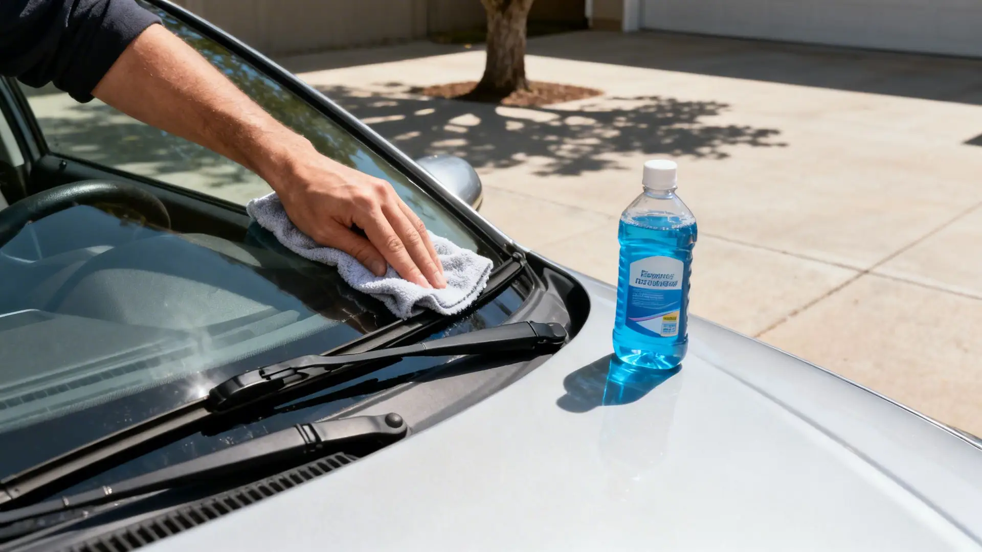 A person's hand wiping a car windshield with a microfiber cloth, next to a bottle of blue washer fluid.