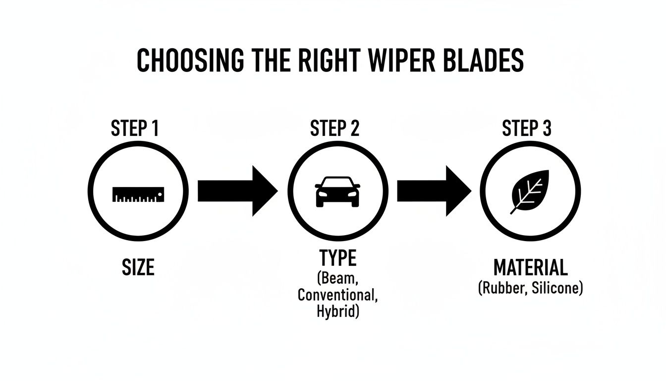 A three-step visual guide on choosing the right wiper blades, covering size, type, and material options.