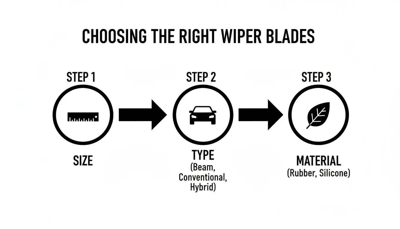 A three-step visual guide on choosing the right wiper blades, covering size, type, and material options.