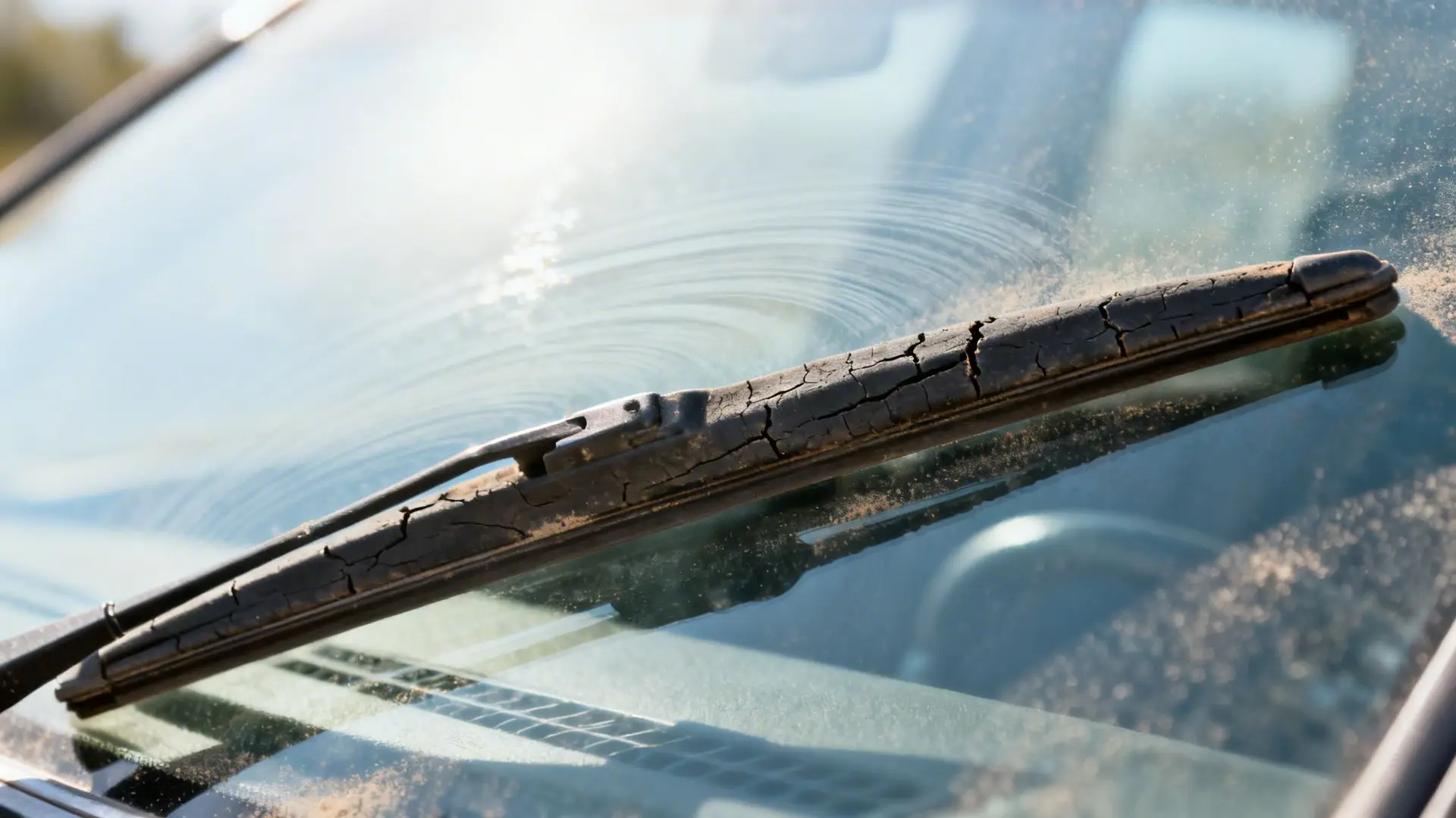 Close-up of a severely cracked and worn-out windshield wiper blade on a dusty, sun-lit car windshield.