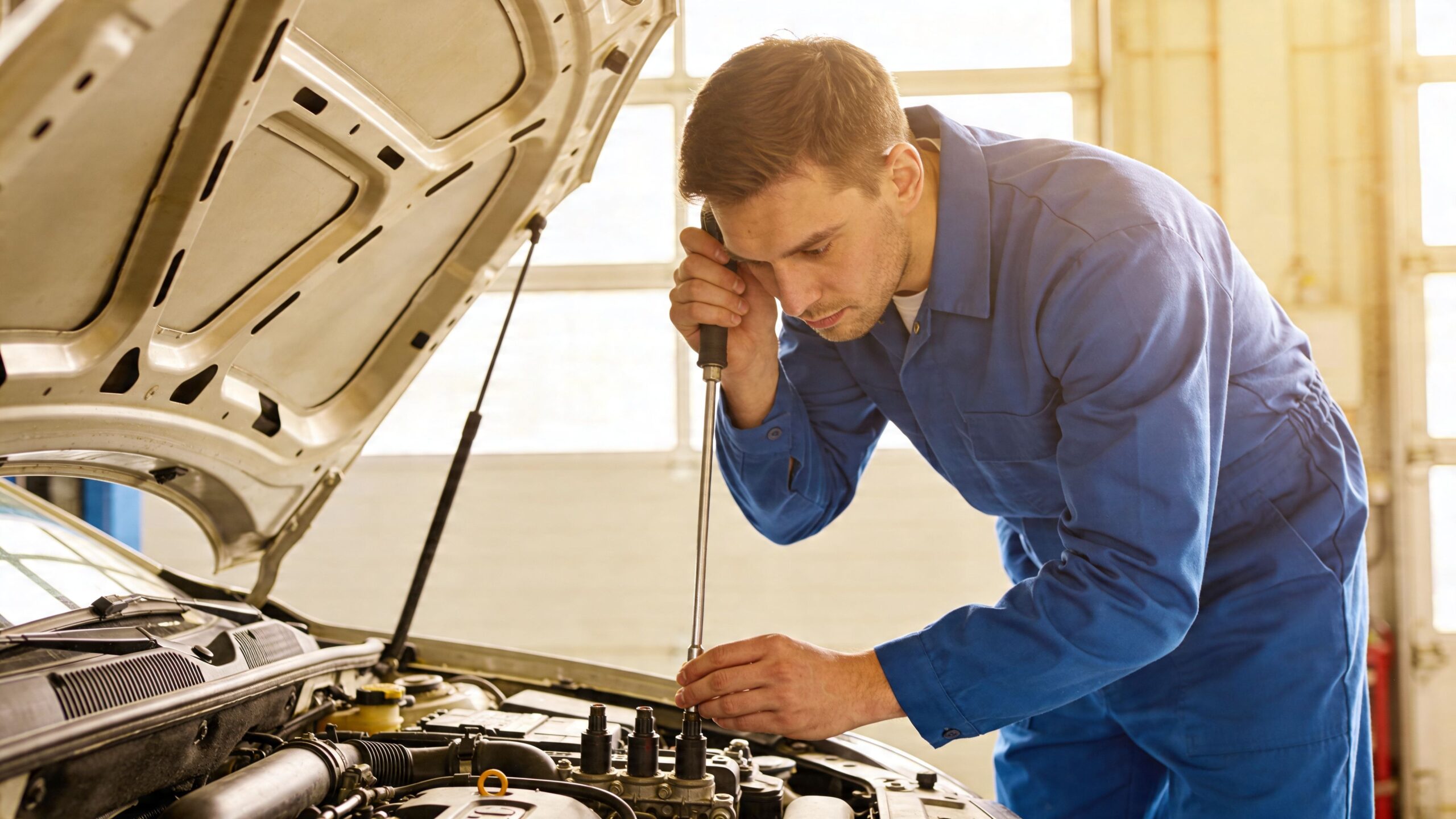 A professional mechanic in blue overalls using a long screwdriver to repair an engine in a garage.