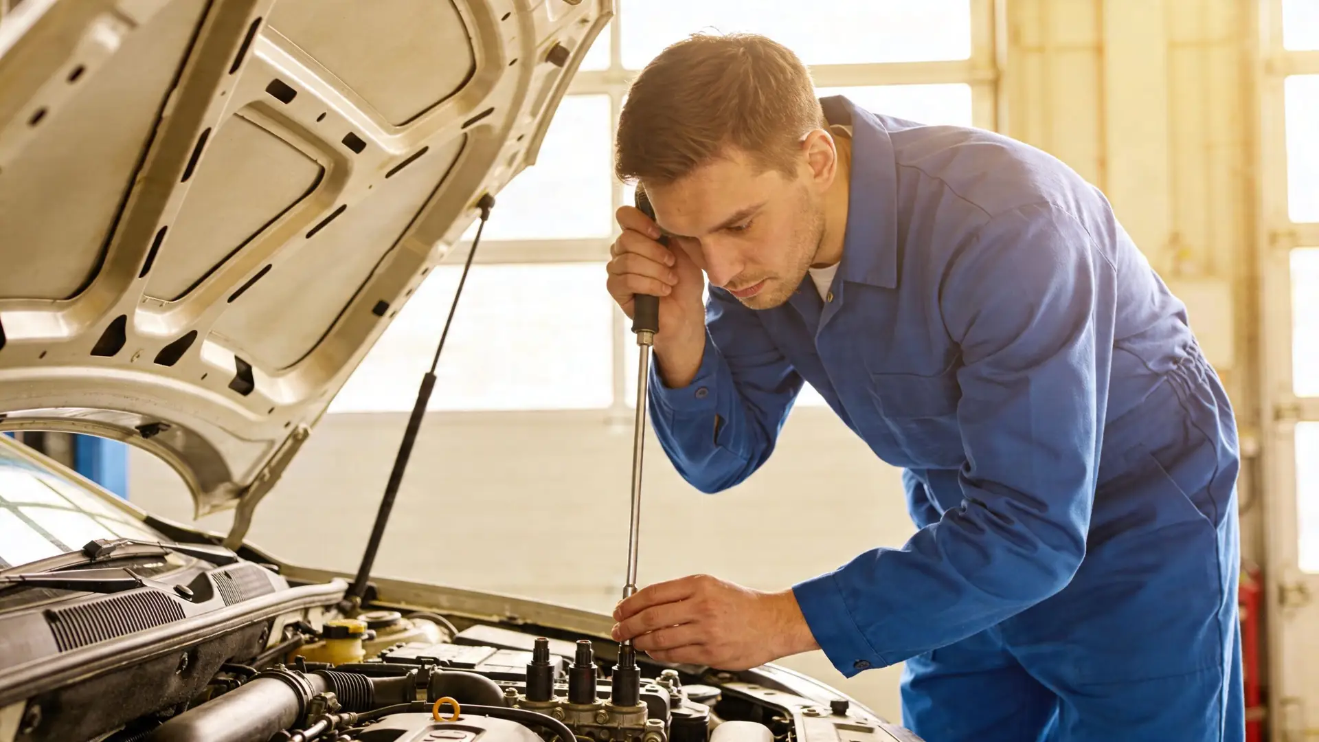 A professional mechanic in blue overalls using a long screwdriver to repair an engine in a garage.