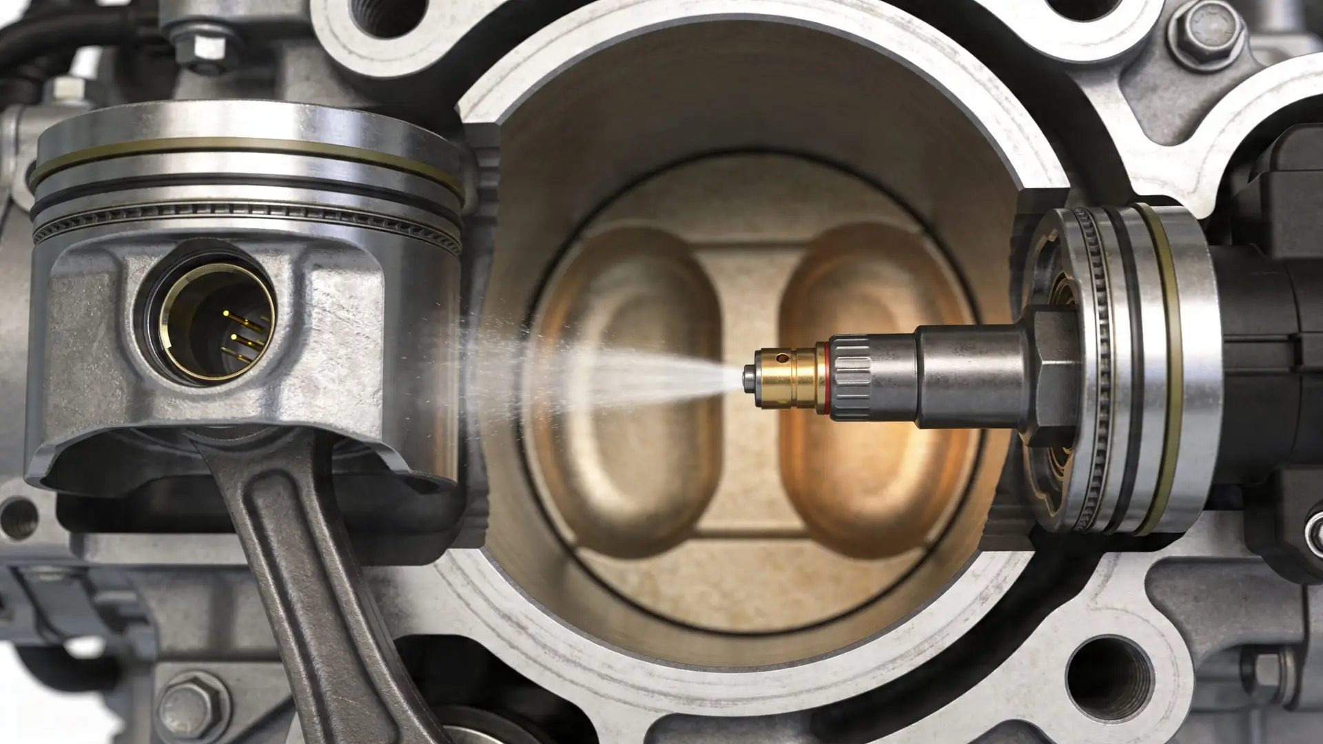 A cross-section view of an internal combustion engine showing a fuel injector spraying inside the cylinder.