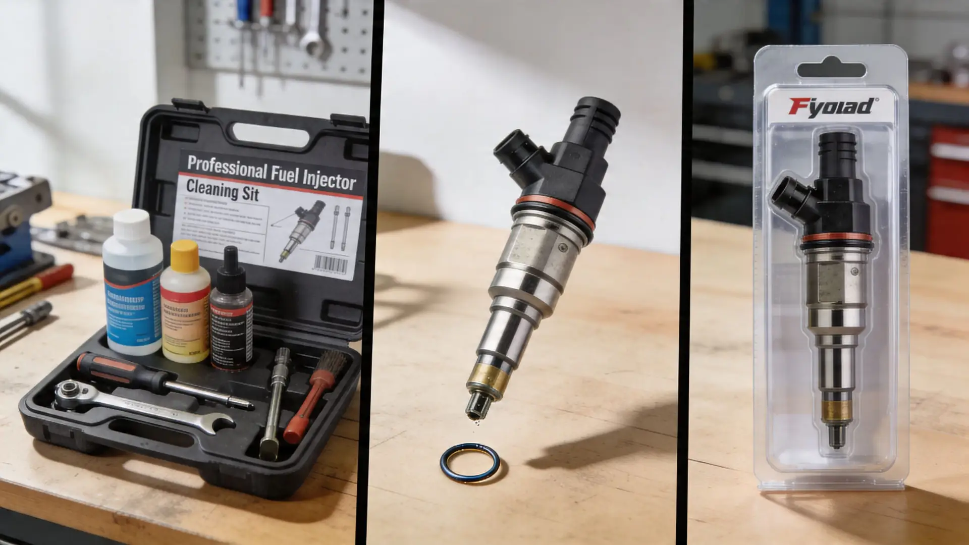 A professional fuel injector cleaning kit with tools, cleaning solutions, and a replacement automotive fuel injector.