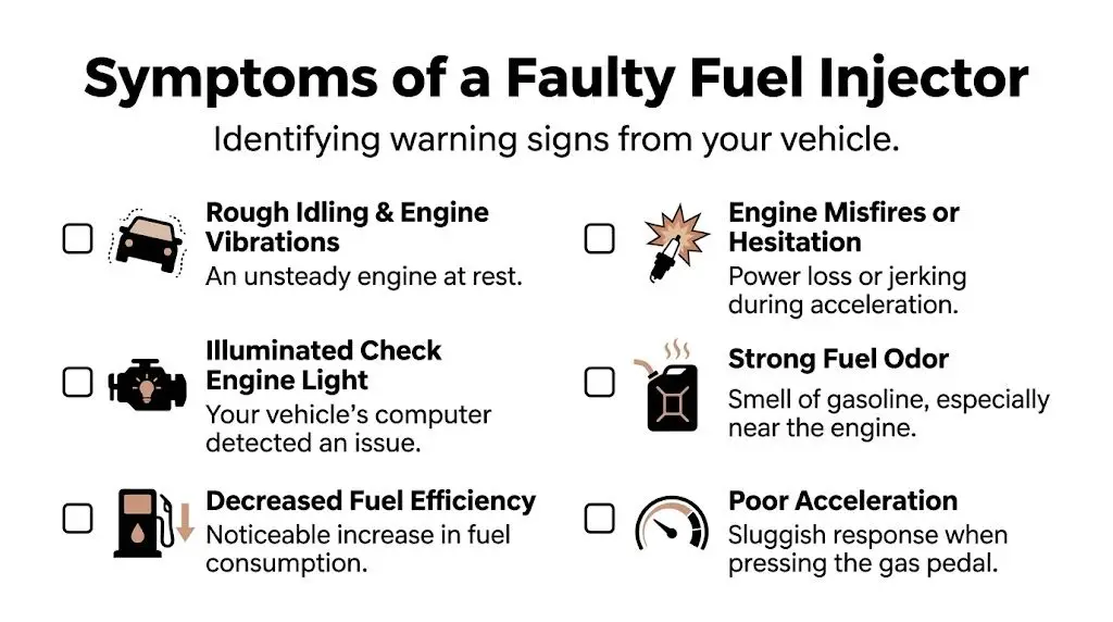 A list graphic illustrating six common symptoms of a faulty fuel injector in a vehicle.