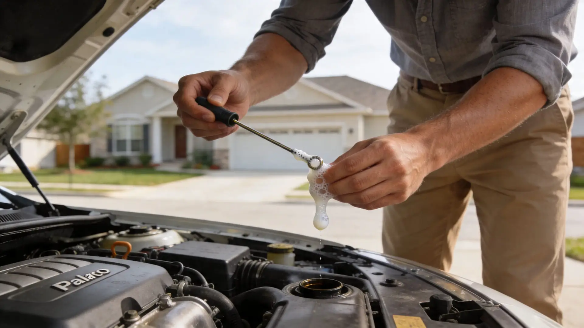A man inspecting engine oil on a dipstick showing signs of a milky, frothy coolant contamination.