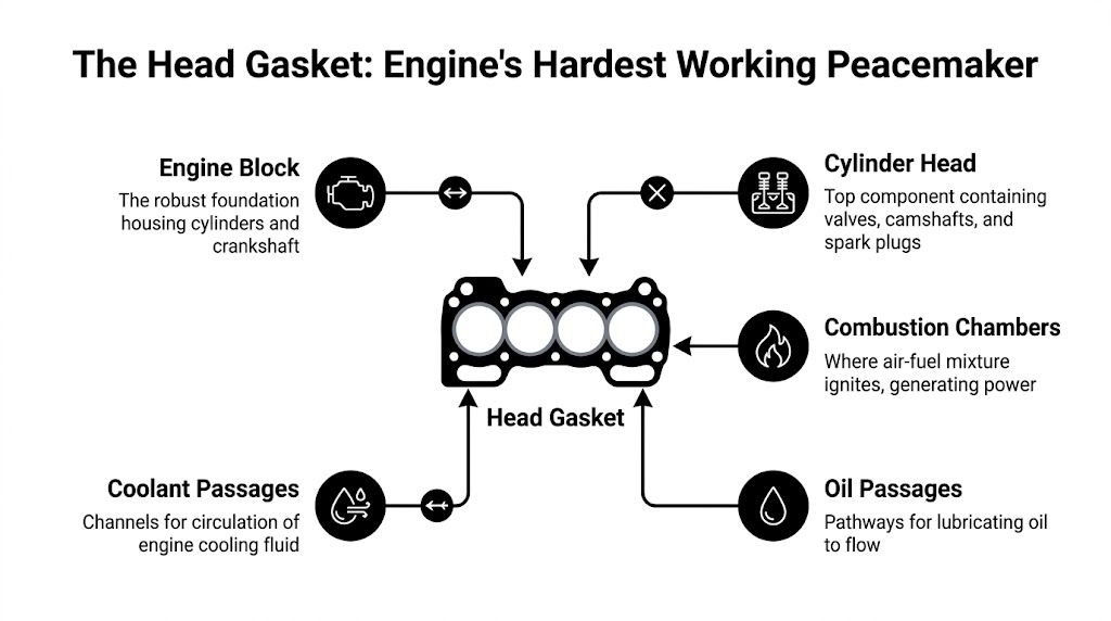 An infographic illustrating the location and function of a head gasket within a car engine system.
