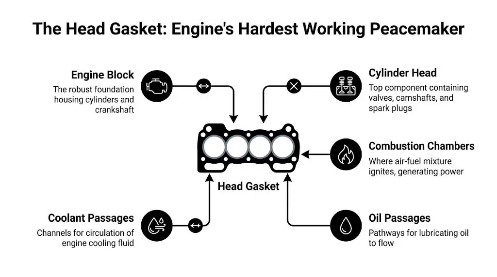An infographic illustrating the location and function of a head gasket within a car engine system.