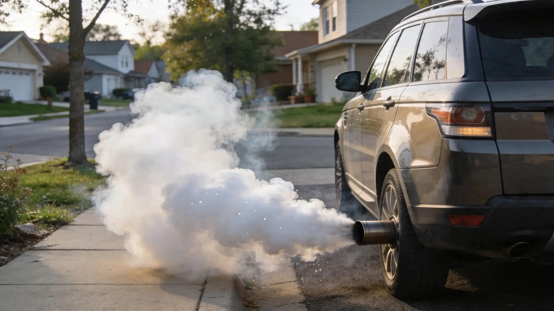 A luxury SUV parked on a residential street emitting a thick cloud of white smoke from exhaust.