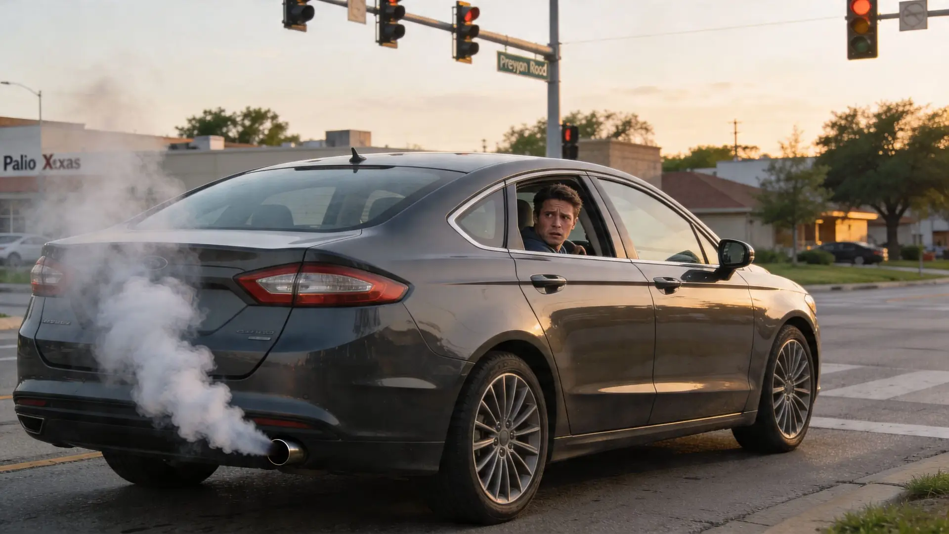 A concerned driver in a smoky car at an intersection, possibly experiencing a vehicle head gasket failure.