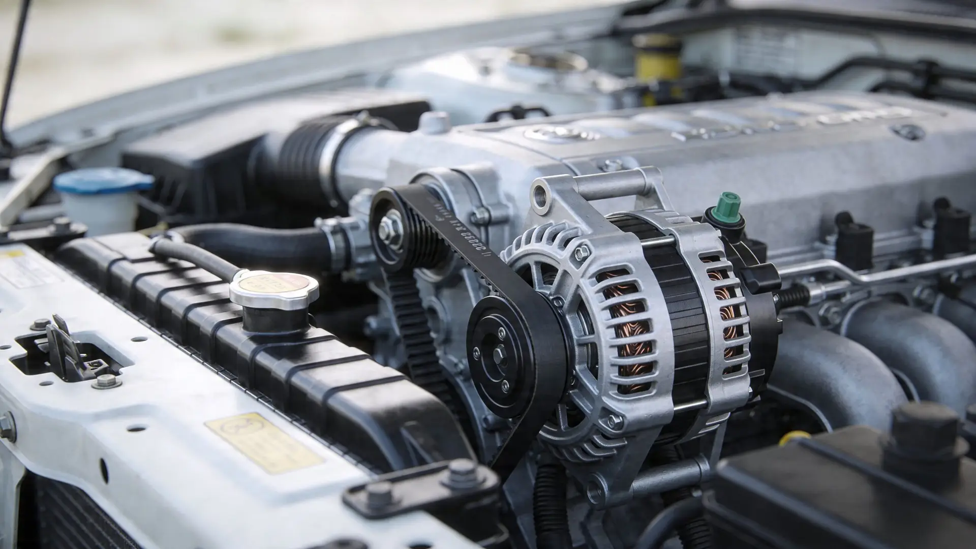 A close-up view of a clean car engine bay highlighting the alternator and serpentine belt system.