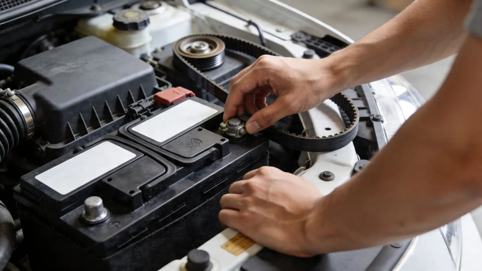 A mechanic inspecting a car battery and a timing belt in the engine bay of a vehicle.