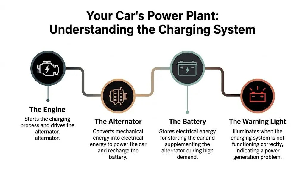 A diagram illustrating the four main components of a car's charging system: engine, alternator, battery, and warning light.