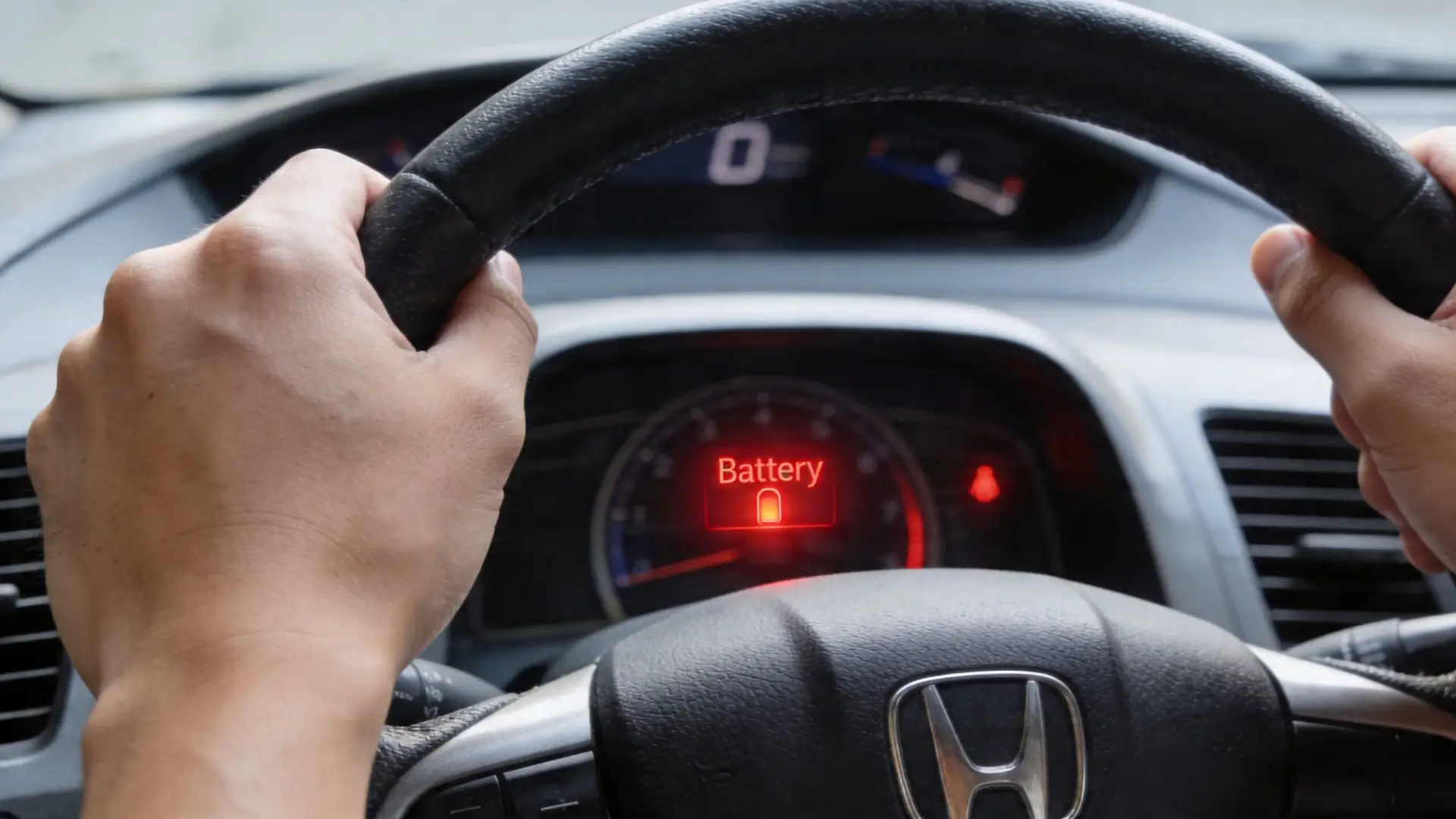 A close up view of a driver's hands on a steering wheel with a battery warning light displayed on the dashboard.