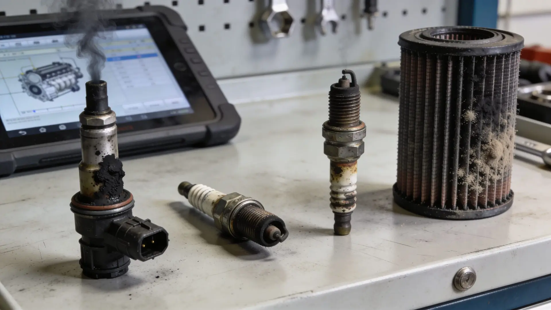 Automotive technician tools including a smoking fuel injector, spark plugs, and an oil filter on a workbench.