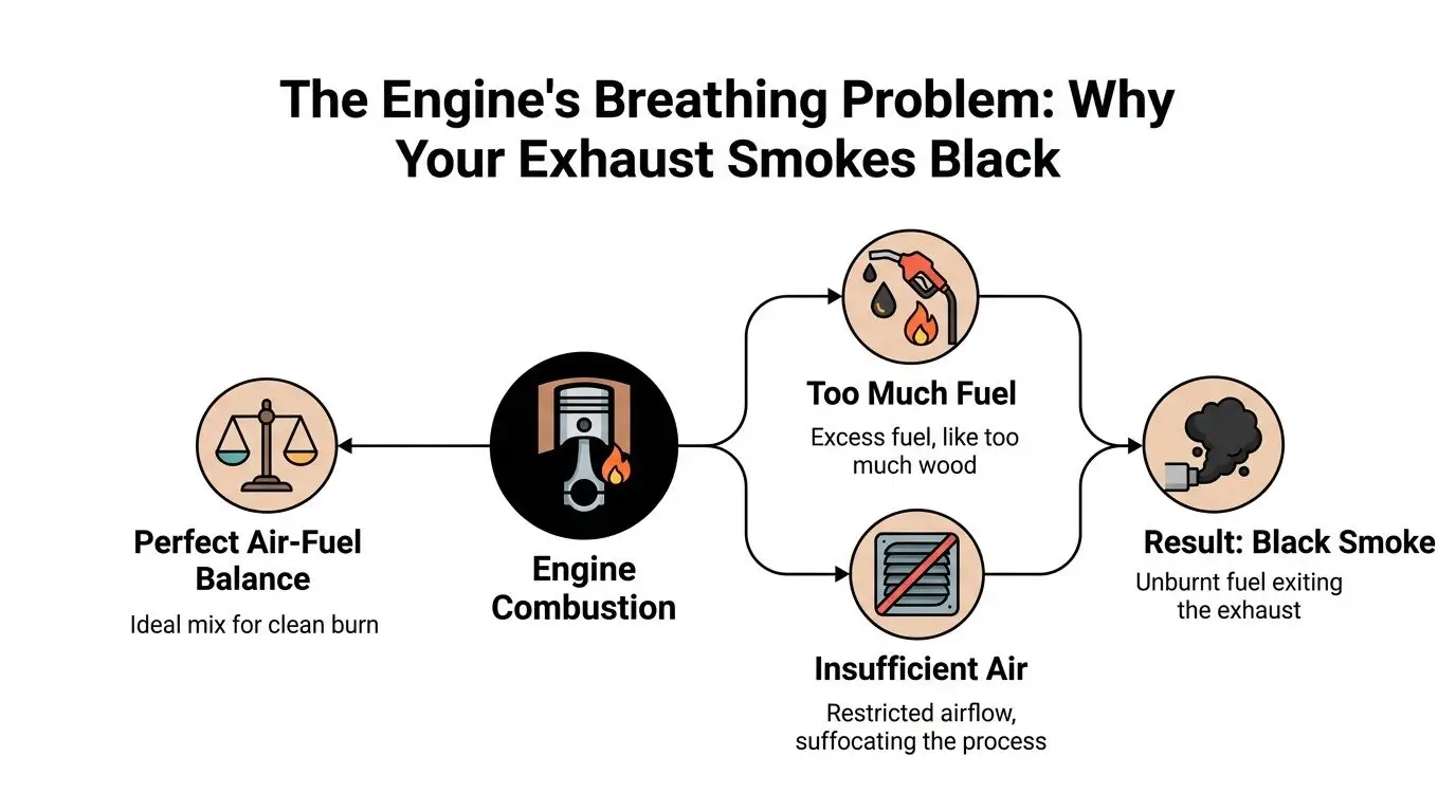 A diagram explaining why engines produce black smoke due to an imbalance between air and fuel levels.