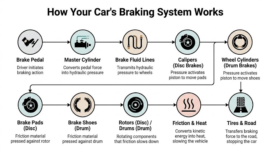 A flow chart diagram illustrating the sequential process of how a car's braking system works from pedal to tires.