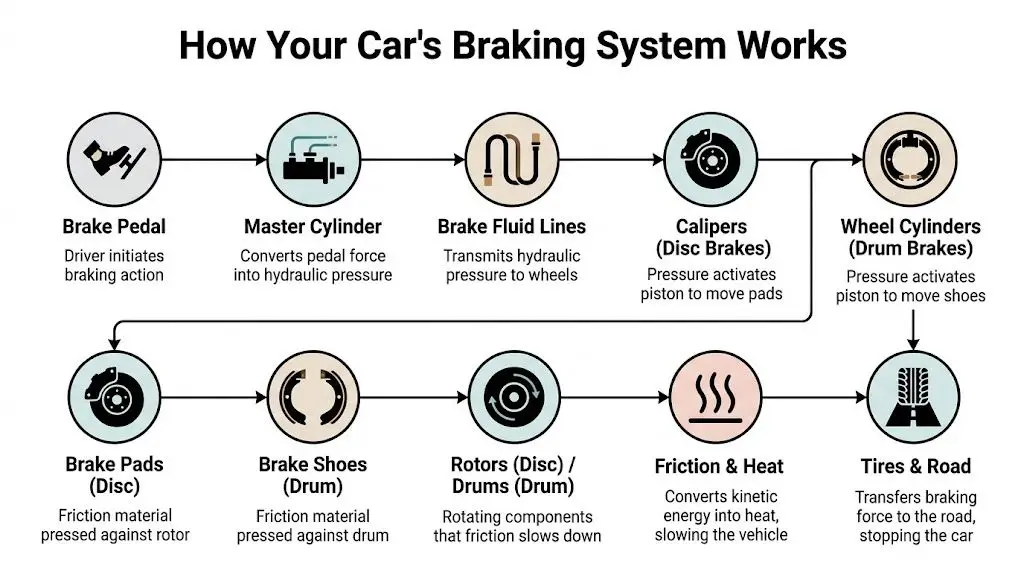 A flow chart diagram illustrating the sequential process of how a car's braking system works from pedal to tires.
